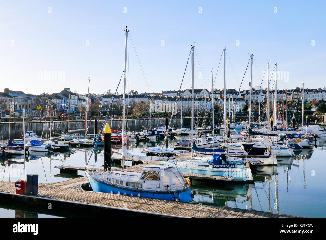 View across the marina in Bangor, County Down, Northern Ireland with the town in the background Stock Photo