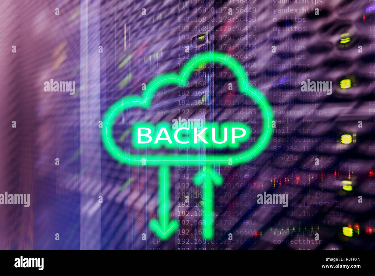 Backup button on modern server room background. Data loss prevention ...
