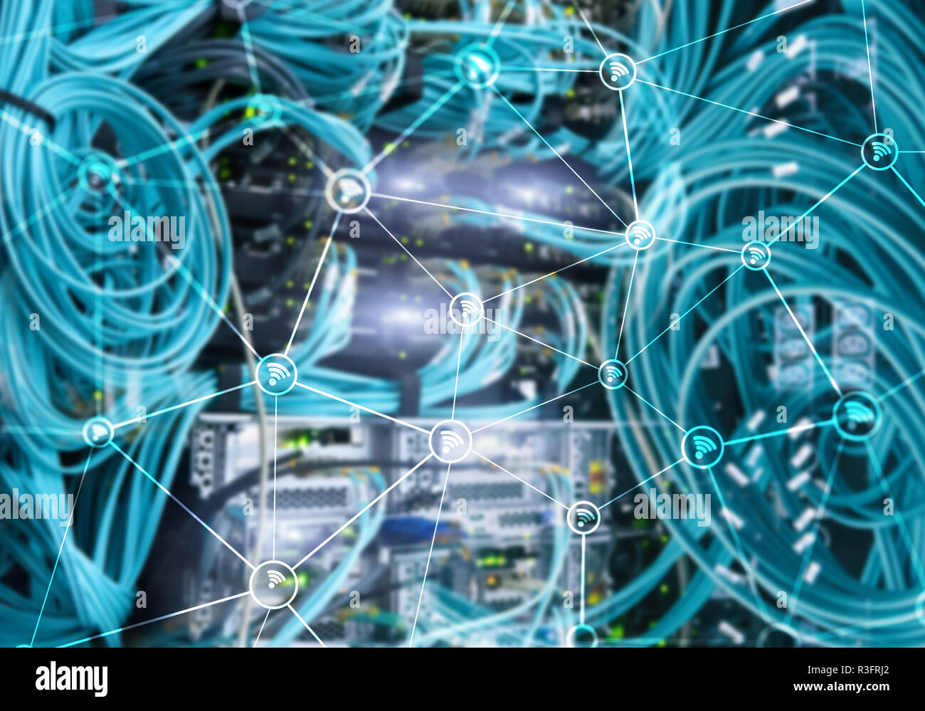 Wi fi network abstract structure on modern server room background Stock ...