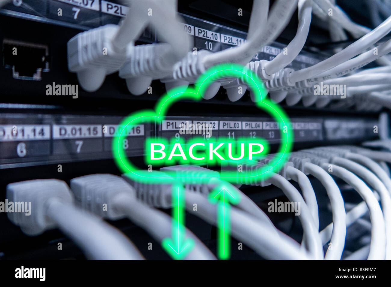 Backup button on modern server room background. Data loss prevention ...
