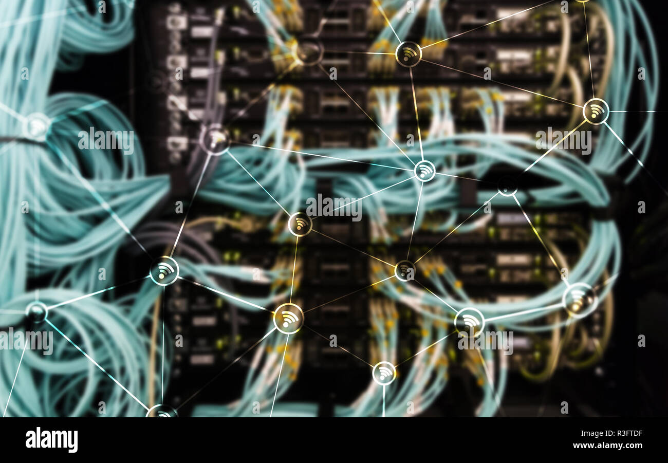 Wi fi network abstract structure on modern server room background Stock ...