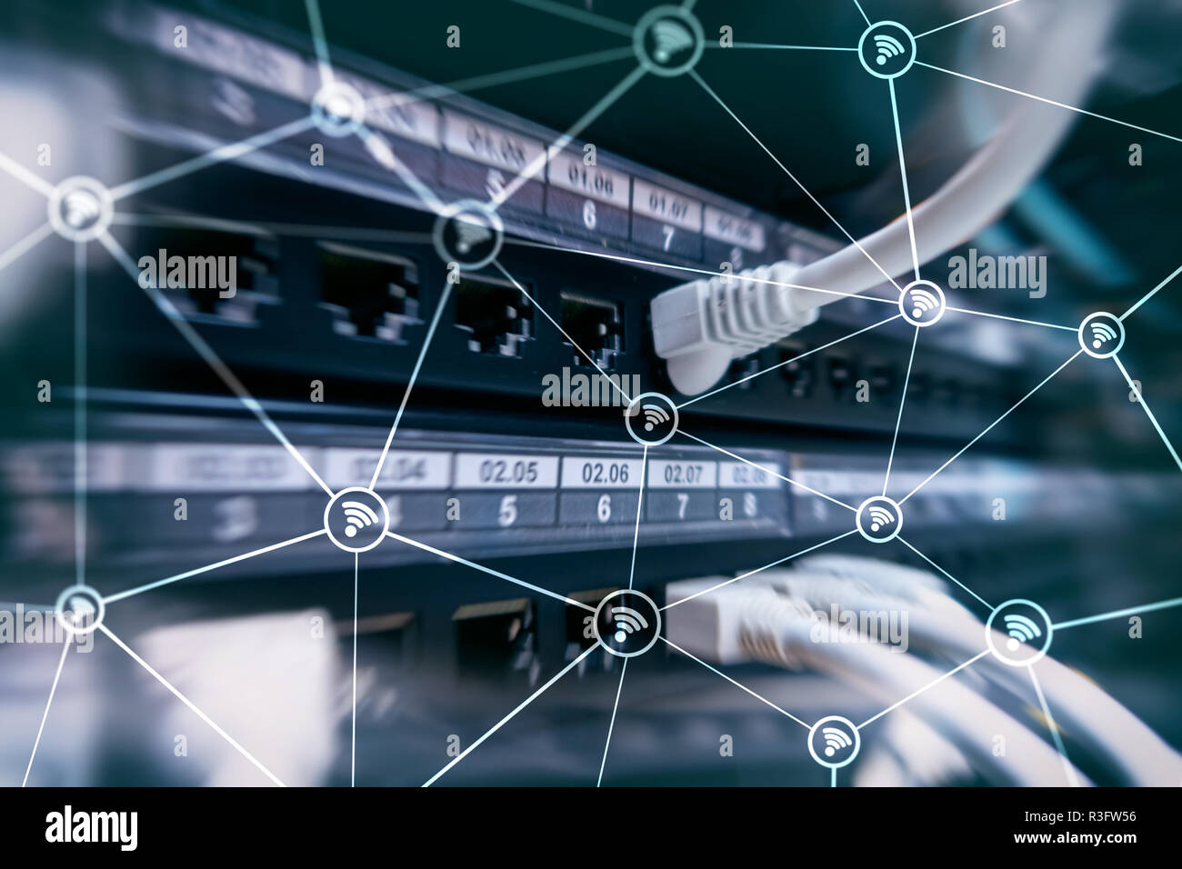 Wi fi network abstract structure on modern server room background Stock ...