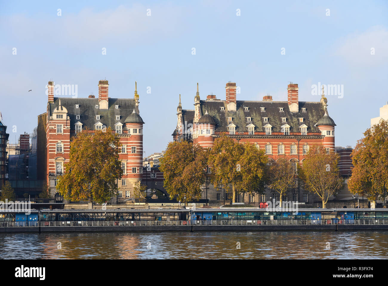 Norman Shaw Buildings (formerly New Scotland Yard) are a pair of buildings in Westminster, London, overlooking the River Thames. Built by Richard Shaw Stock Photo