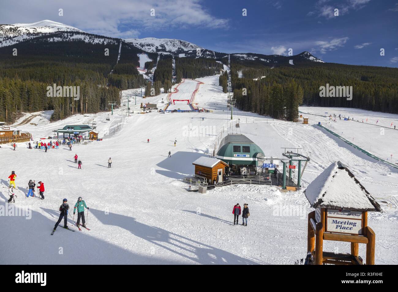 Downhill Alpine Skiing Finish Line, Groomed Snow Slopes at Famous Lake Louise Ski Area. Banff National Park, Alberta Canada Rocky Mountains Winter Stock Photo