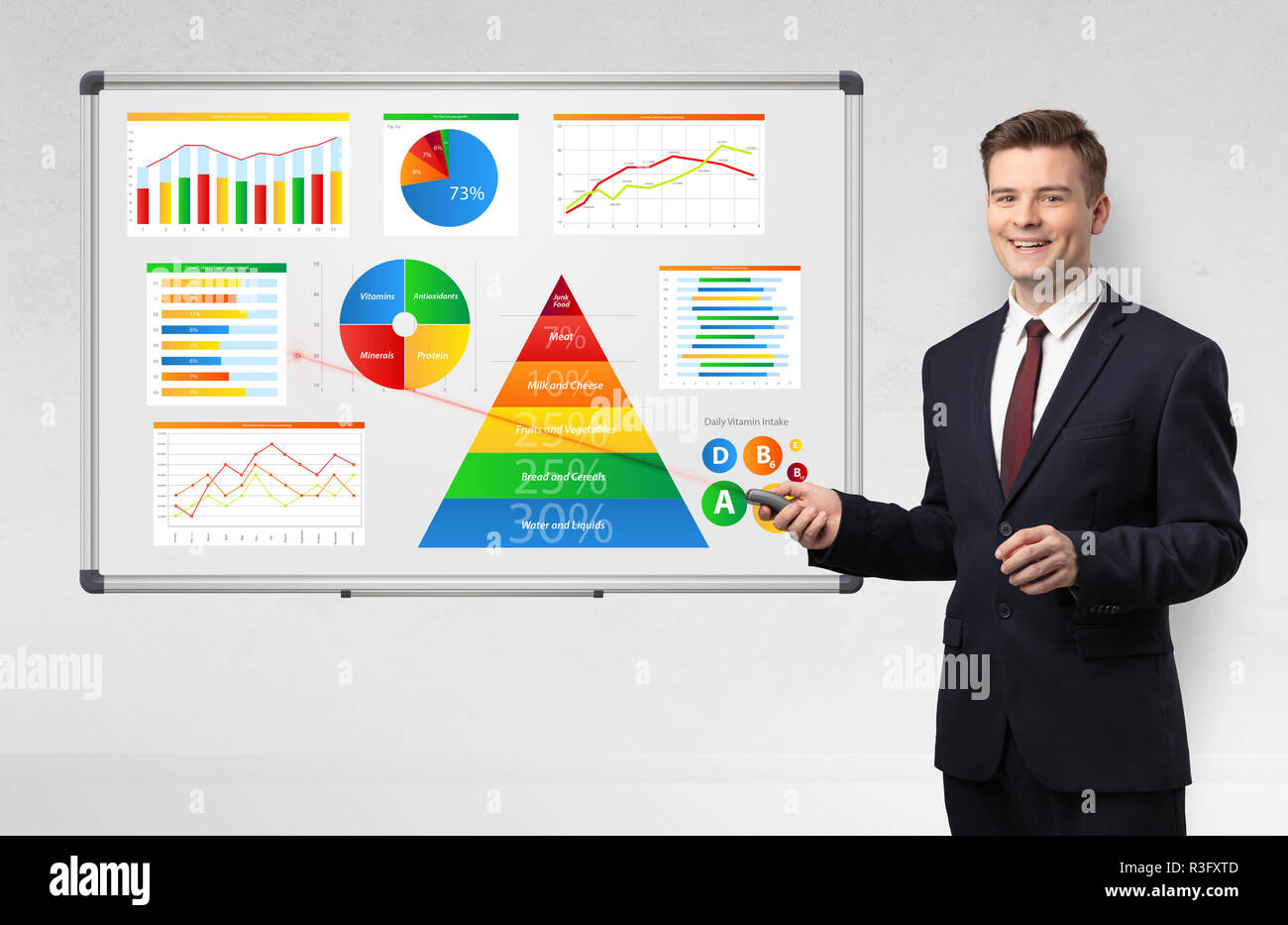 Handsome businessman presenting health reports on white board with laser pointer   Stock Photo