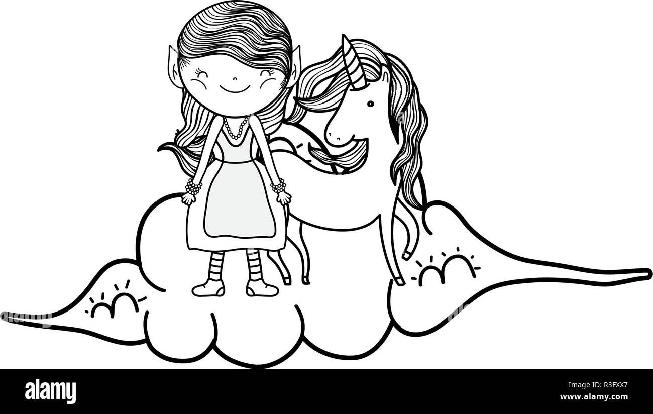 cute little fairy with unicorn in the clouds vector illustration design ...