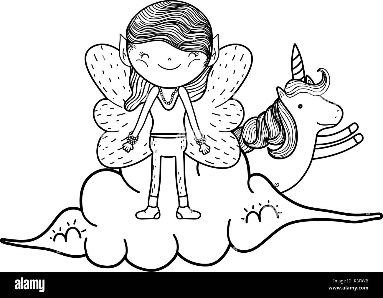 cute little fairy with unicorn in the clouds vector illustration design ...