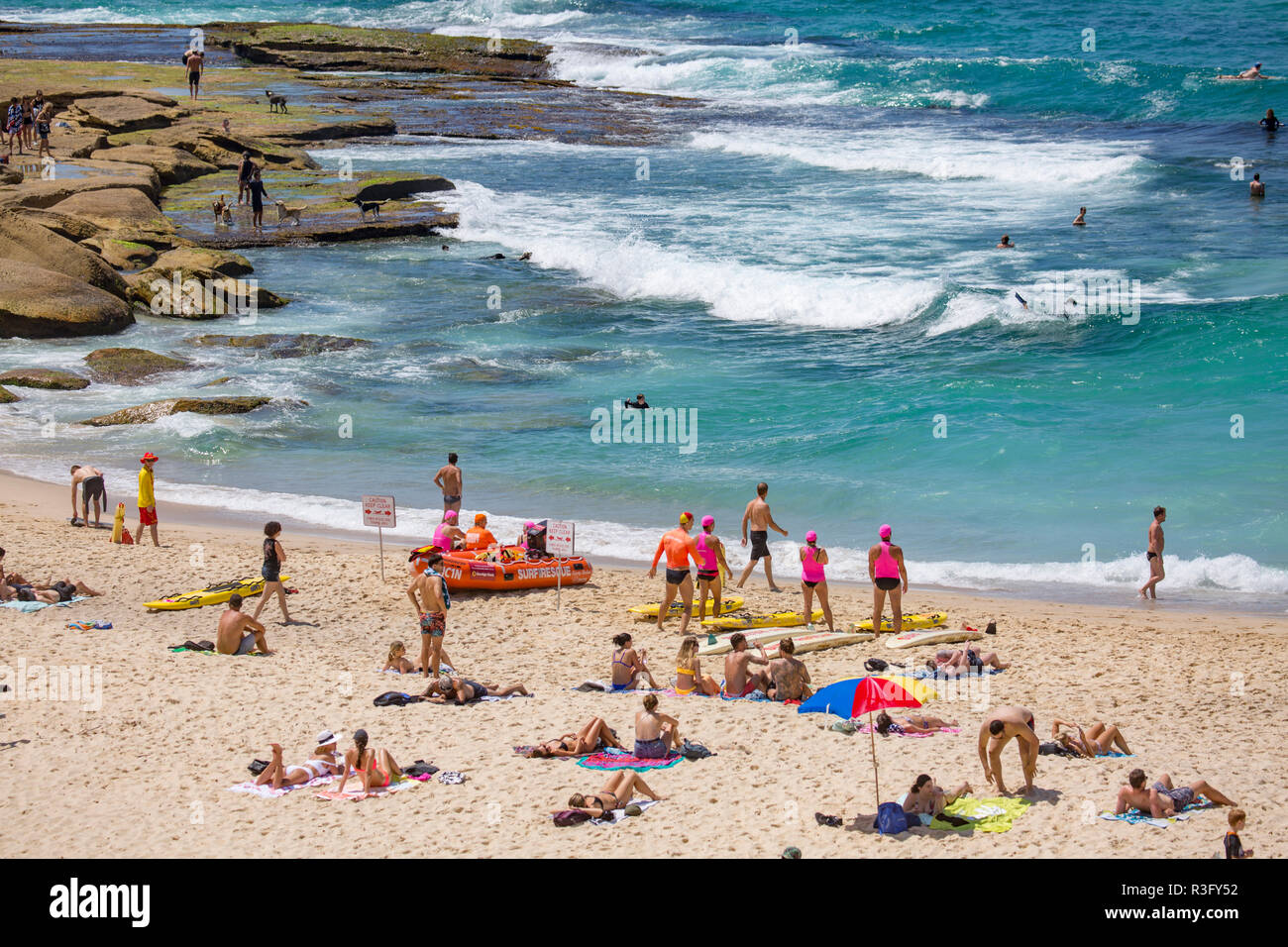 Volunteer surf rescue lifeguards on patrol on Tamarama beach in Sydney eastern suburbs,New South Wales,Australia Stock Photo