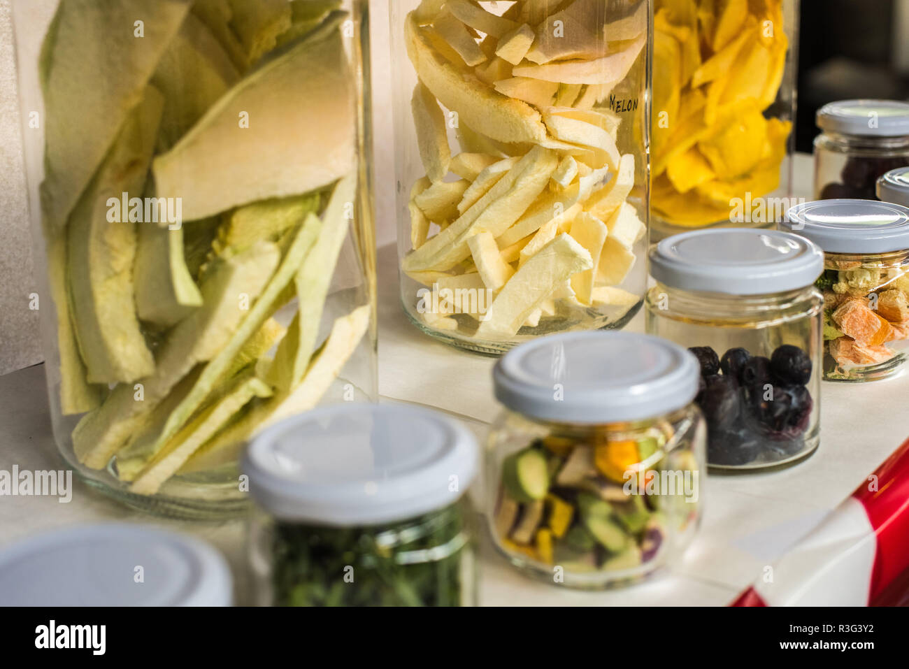lyophilized fruits in jars Stock Photo