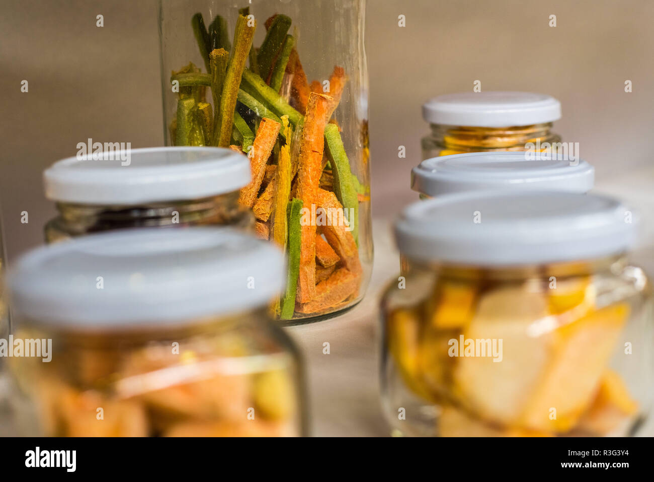 lyophilized fruits in jars Stock Photo