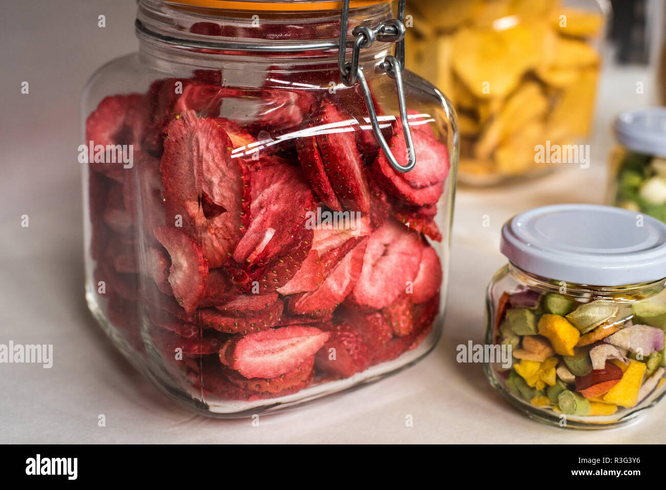lyophilized fruits in jars Stock Photo