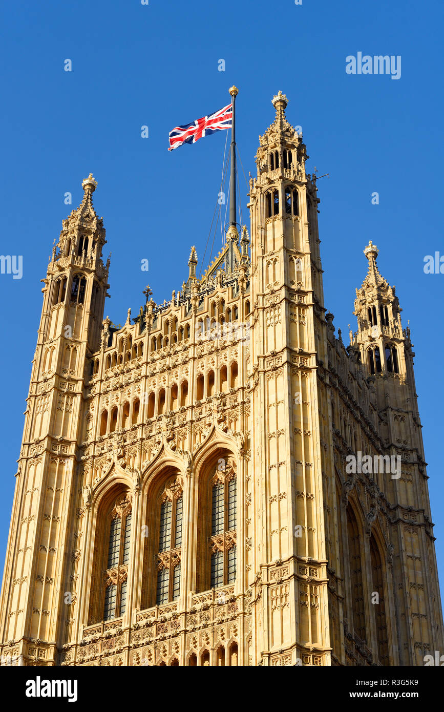 Victoria Tower, square tower at the south-west end of the Palace of Westminster in London. Houses of Parliament. Was King's Tower. Blue sky Stock Photo