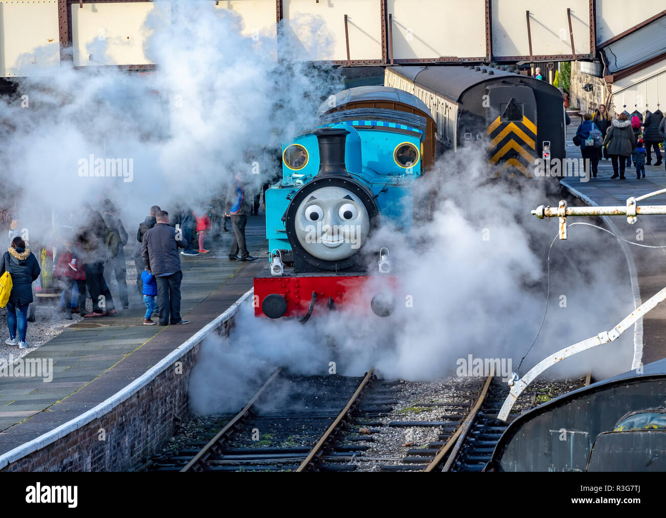 LLANGOLLEN, UK - OCTOBER 27TH 2018: Thomas the Tank Engine on display at the Llangollen railway blowing steam Stock Photo