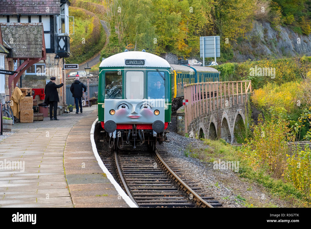 LLANGOLLEN, UK - OCTOBER 27TH 2018: Daisy the diesel train part of the Thomas the Tank Engine display at the Llangollen railway Stock Photo