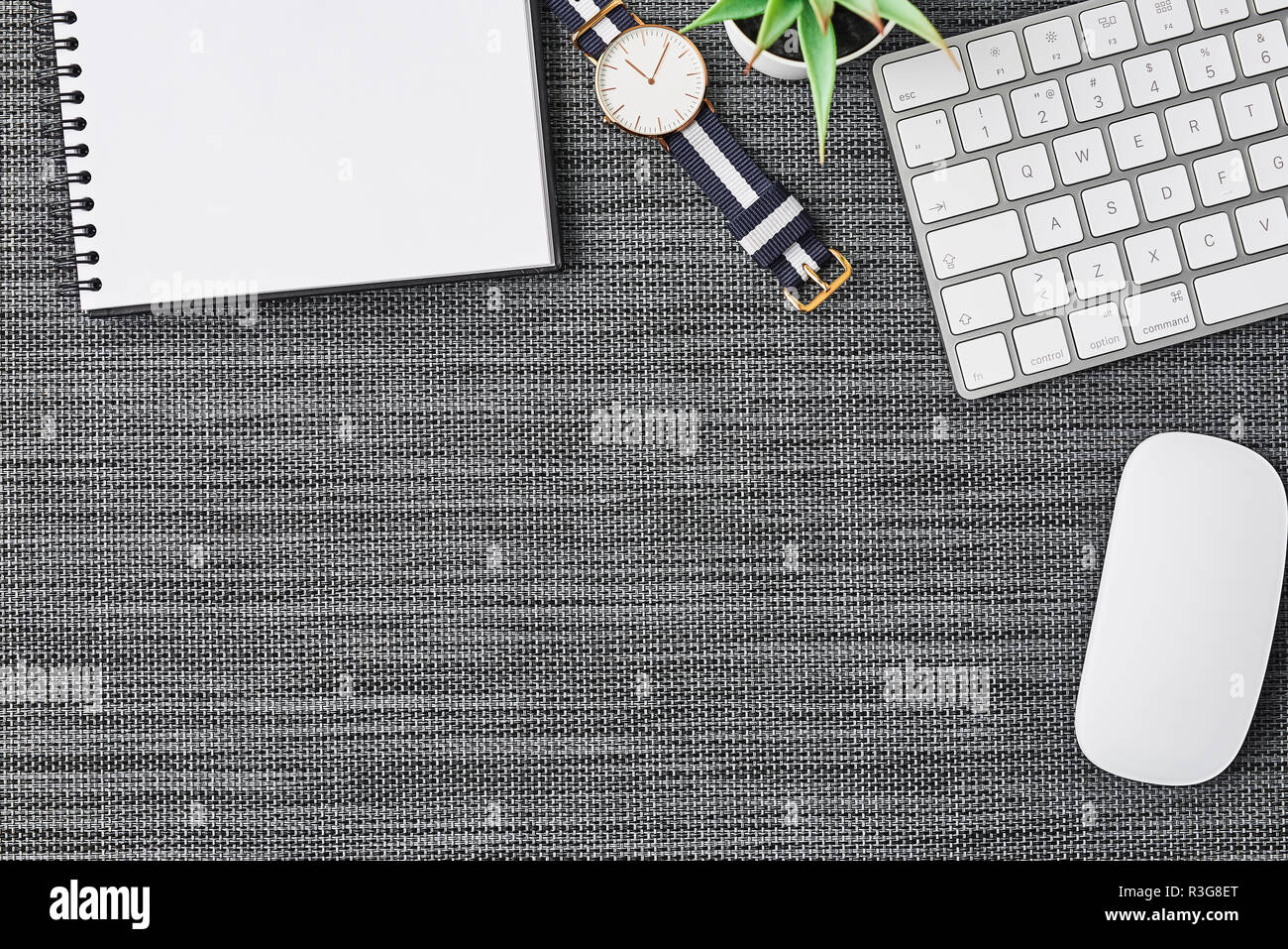 Business composition with white computer keyboard, mouse, coffee cup, women's watch, artificial plant and notebook on grey background. Top view with c Stock Photo