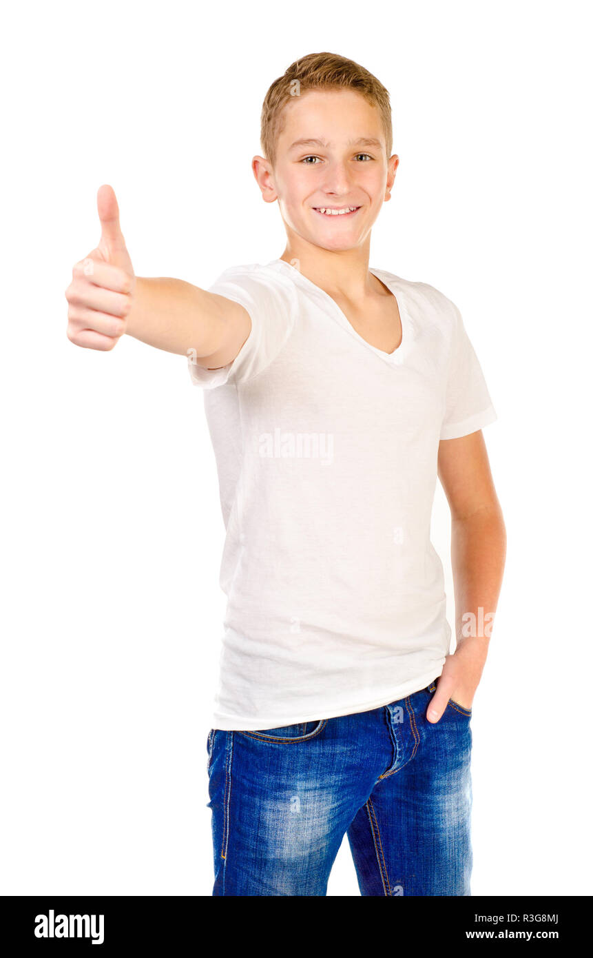 teenage boy giving thumbs up isolated on a white background Stock Photo ...