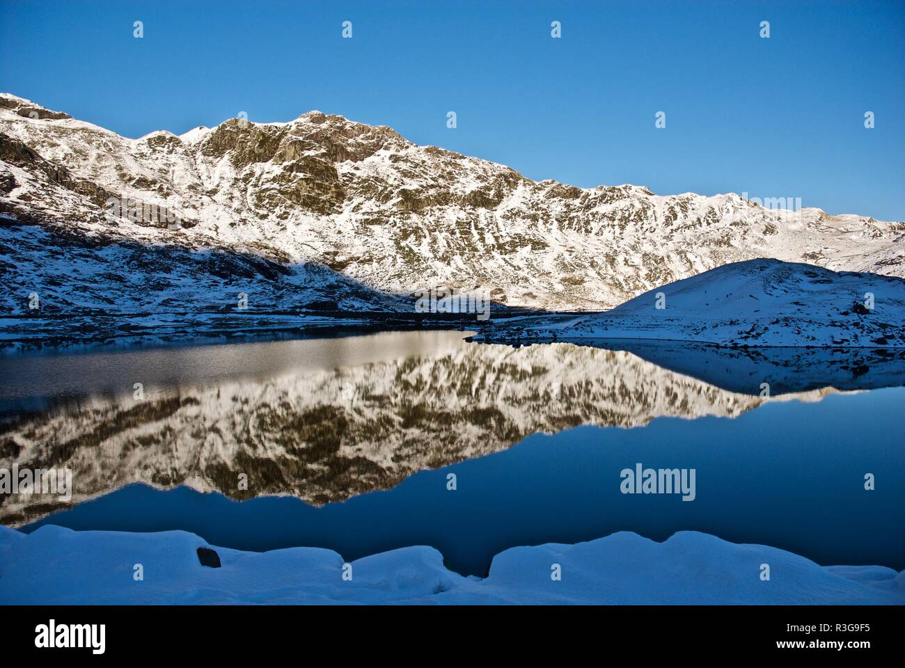 Snow covered hills reflected in a mountain lake, Mount Snowdon, Snowdonia National Park, Gwynedd, North Wales, UK Stock Photo