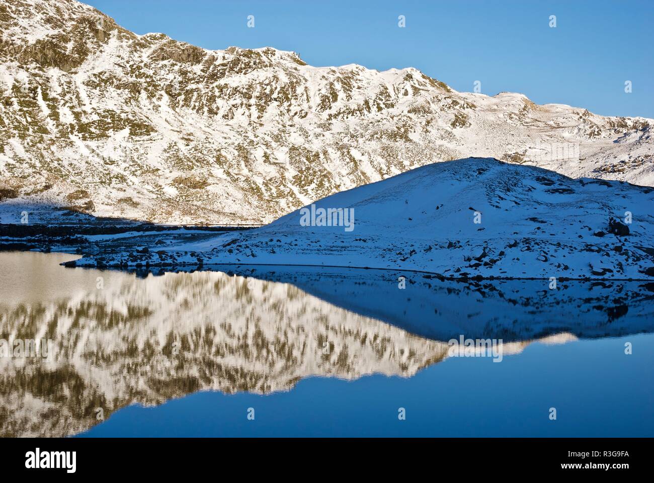 Snow covered hills reflected in a mountain lake, Mount Snowdon, Snowdonia National Park, Gwynedd, North Wales, UK Stock Photo