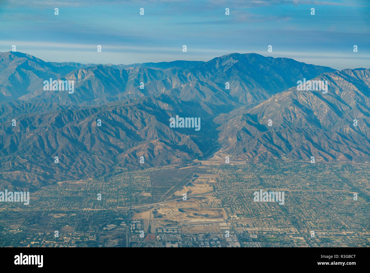 Aerial view of Upland, Rancho Cucamonga, view from window seat in an