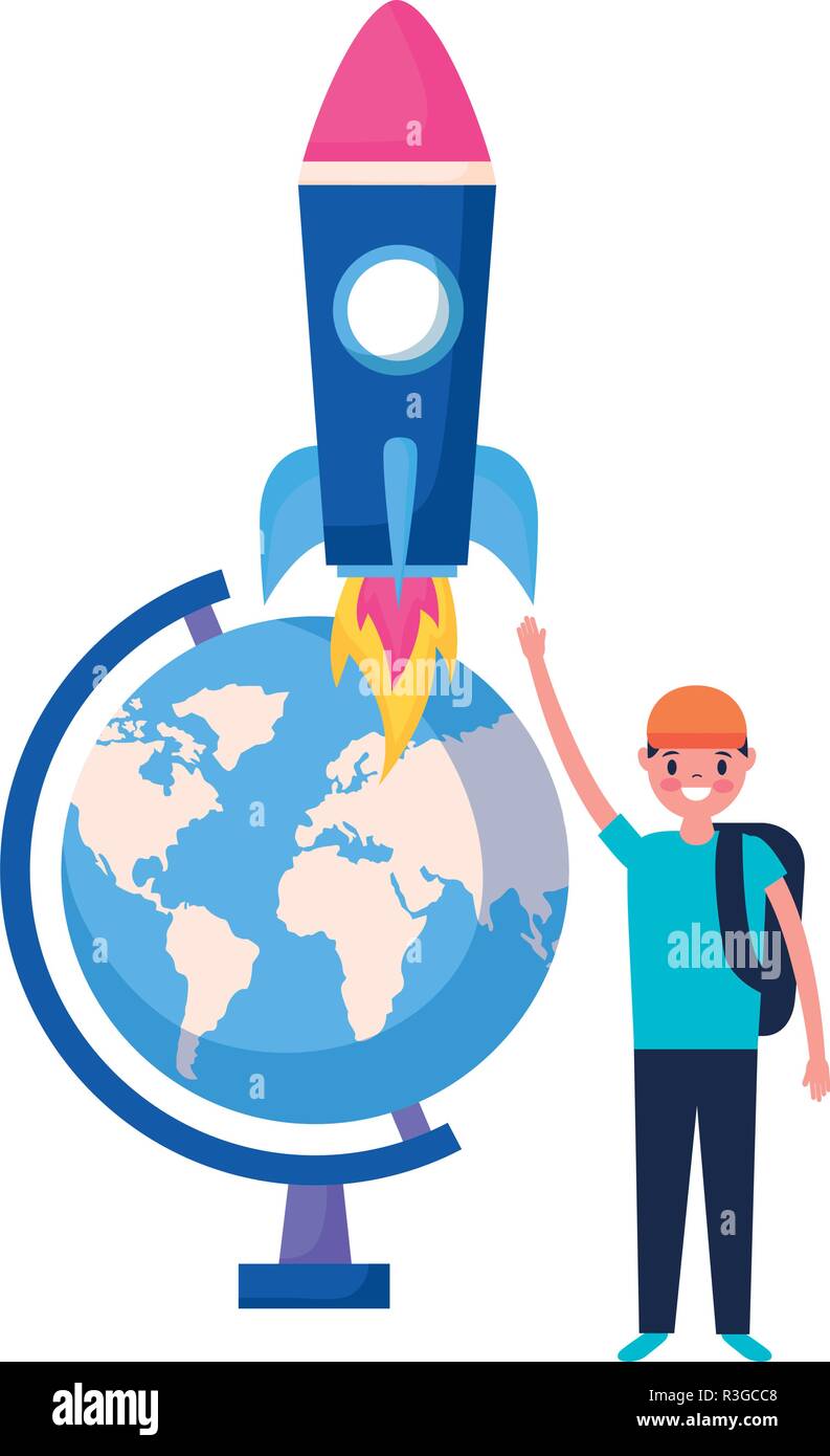 boy globe and rocket education school vector illustration Stock Vector ...