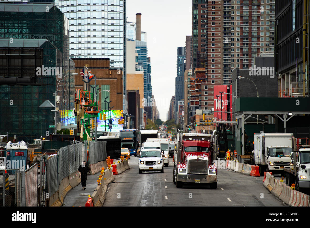 Traffic jam in Times Square during a cloudy day. Times Square is a major tourist destination in New York. Stock Photo