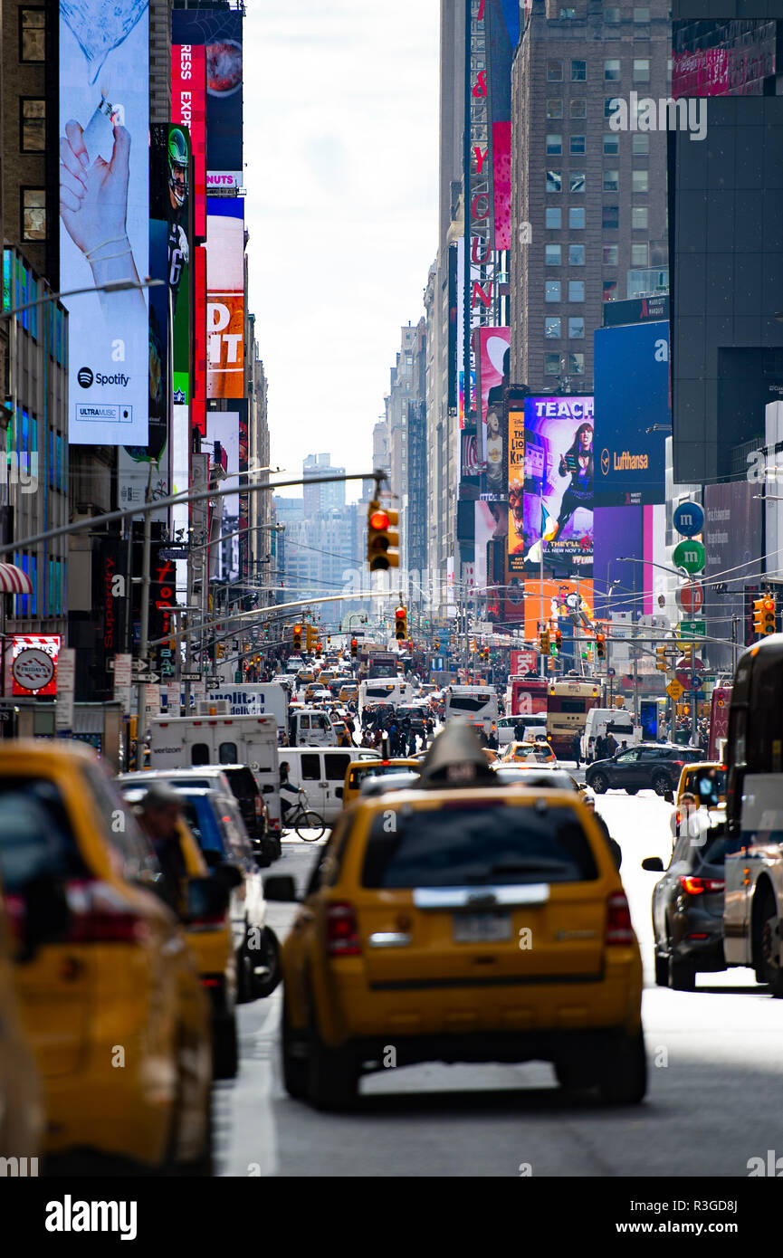 Traffic jam in Times Square during a cloudy day. Stock Photo