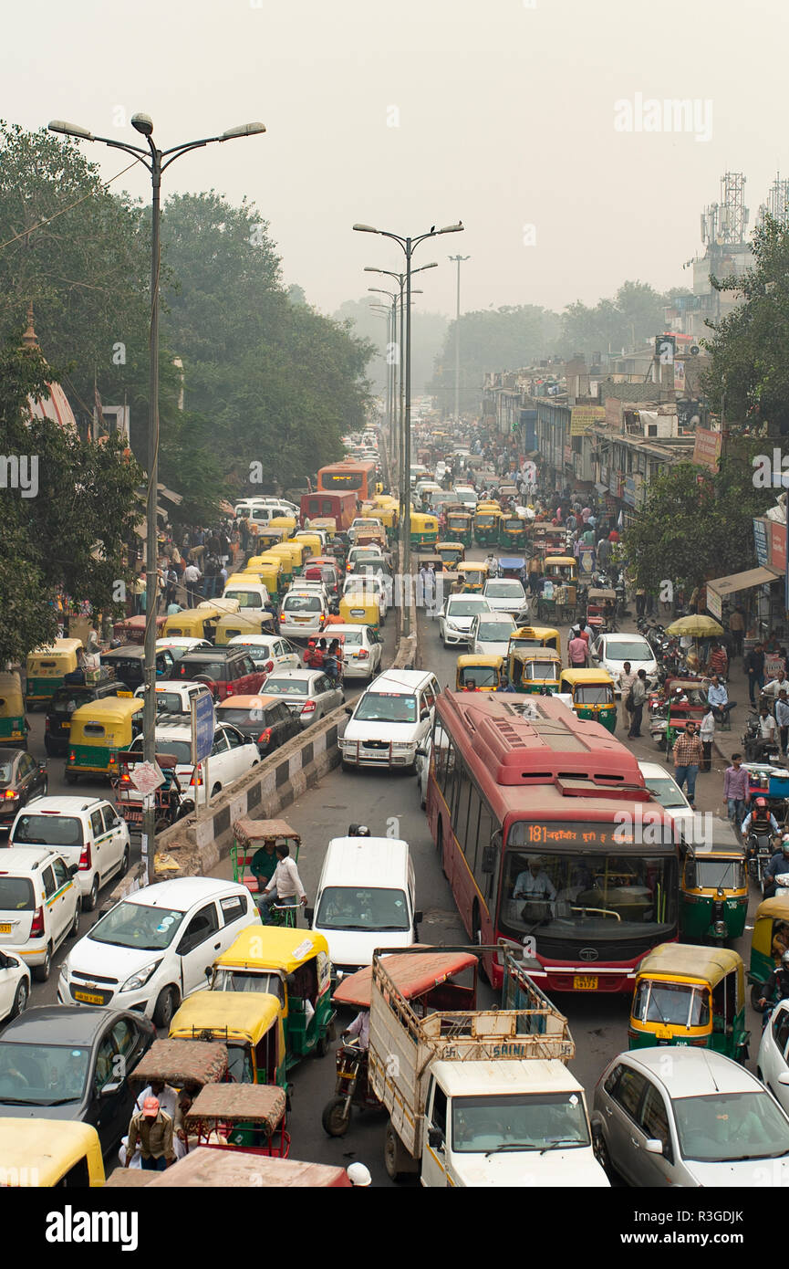 Traffic jam on the polluted streets of New Delhi, India. Stock Photo