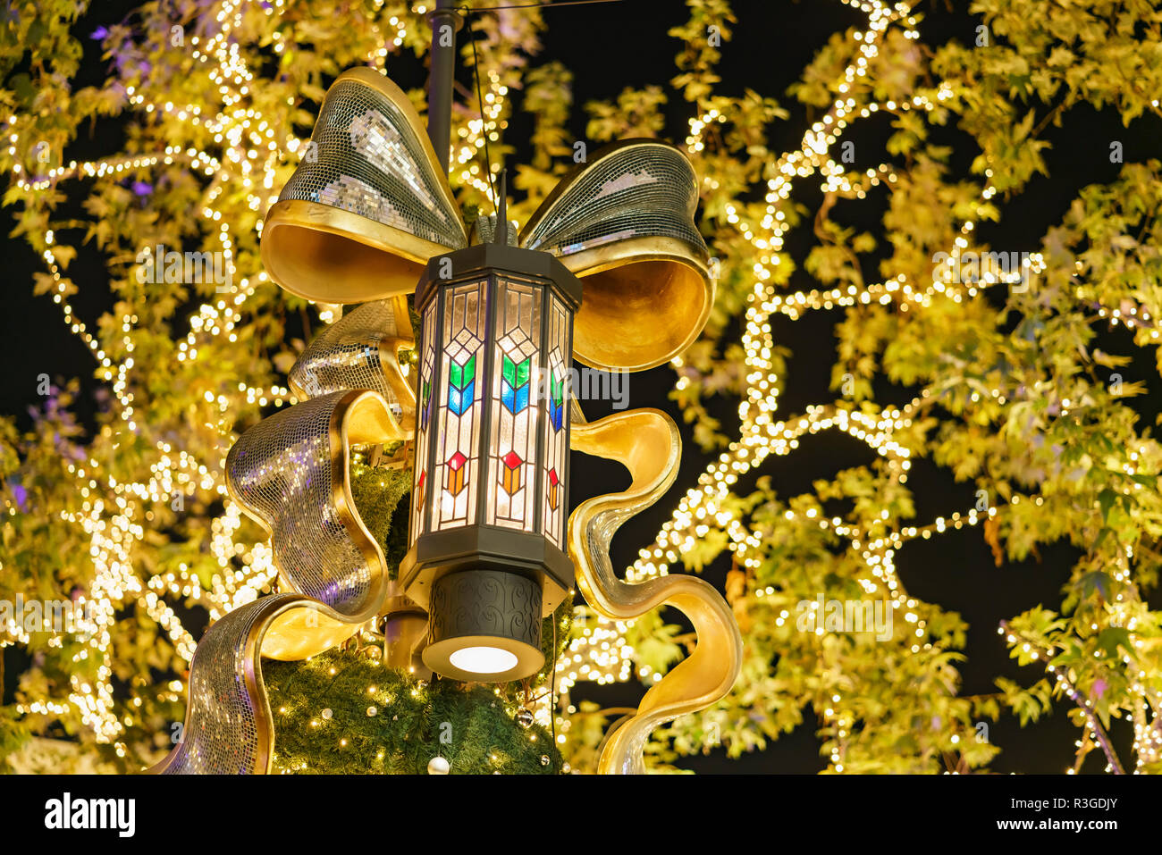 Los Angeles, NOV 19: Night view of the beautiful christmas lights of the Grove on NOV 19, 2018 at Los Angeles Stock Photo