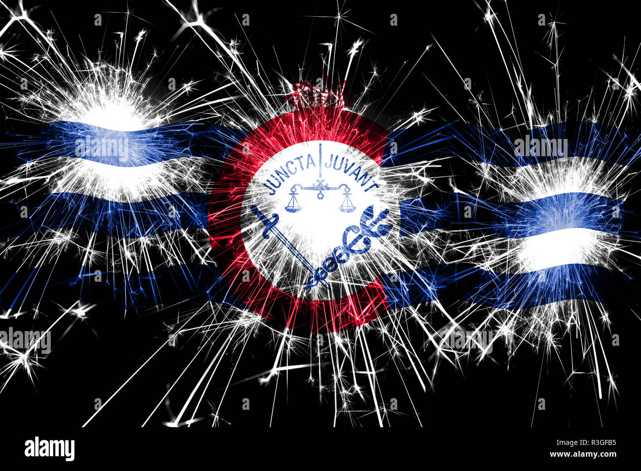 Cincinnati, Ohio fireworks sparkling flag. New Year, Christmas and 