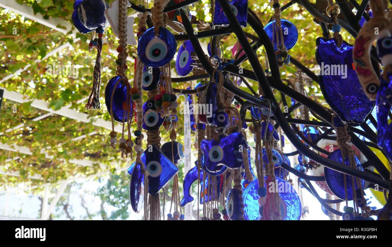 Turkish evil eye pendants, nazar boncuk or good luck charms in Oludeniz, Turkey Stock Photo