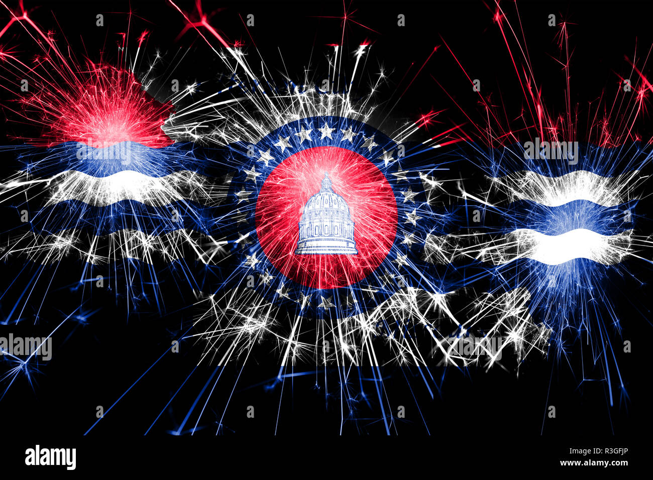 Jefferson City, Missouri fireworks sparkling flag. New Year, Christmas