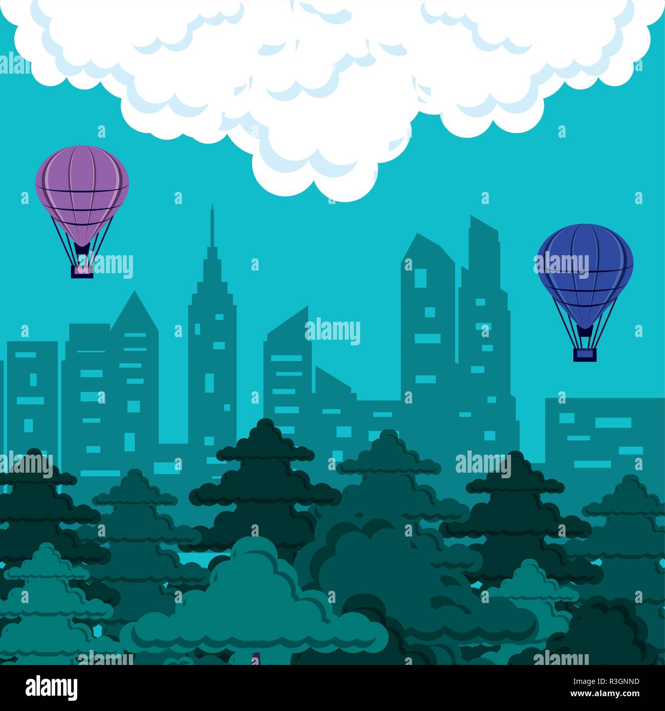 cityscape with buildings and balloons air hot flying vector ...