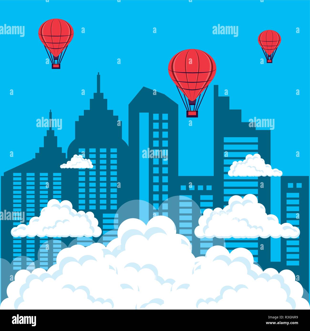 cityscape with buildings and balloons air hot flying vector ...