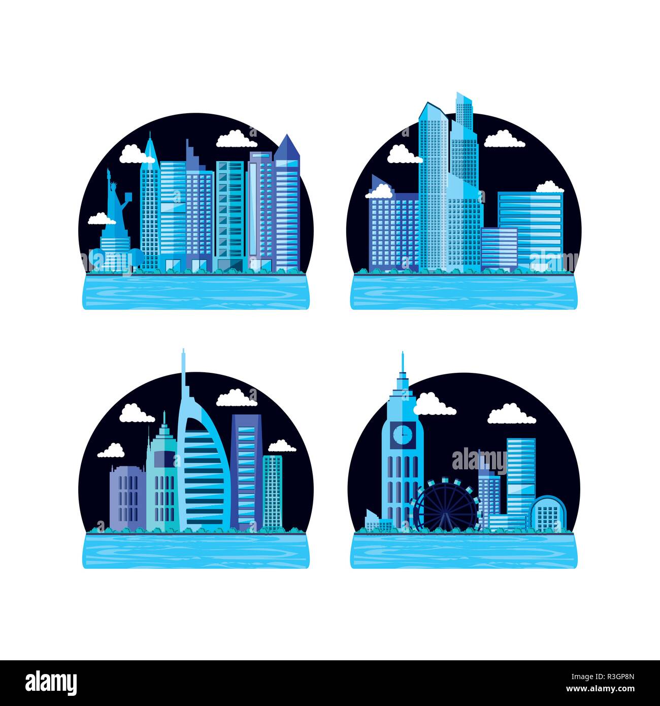 set of cityscape with buildings scene night vector illustration design ...