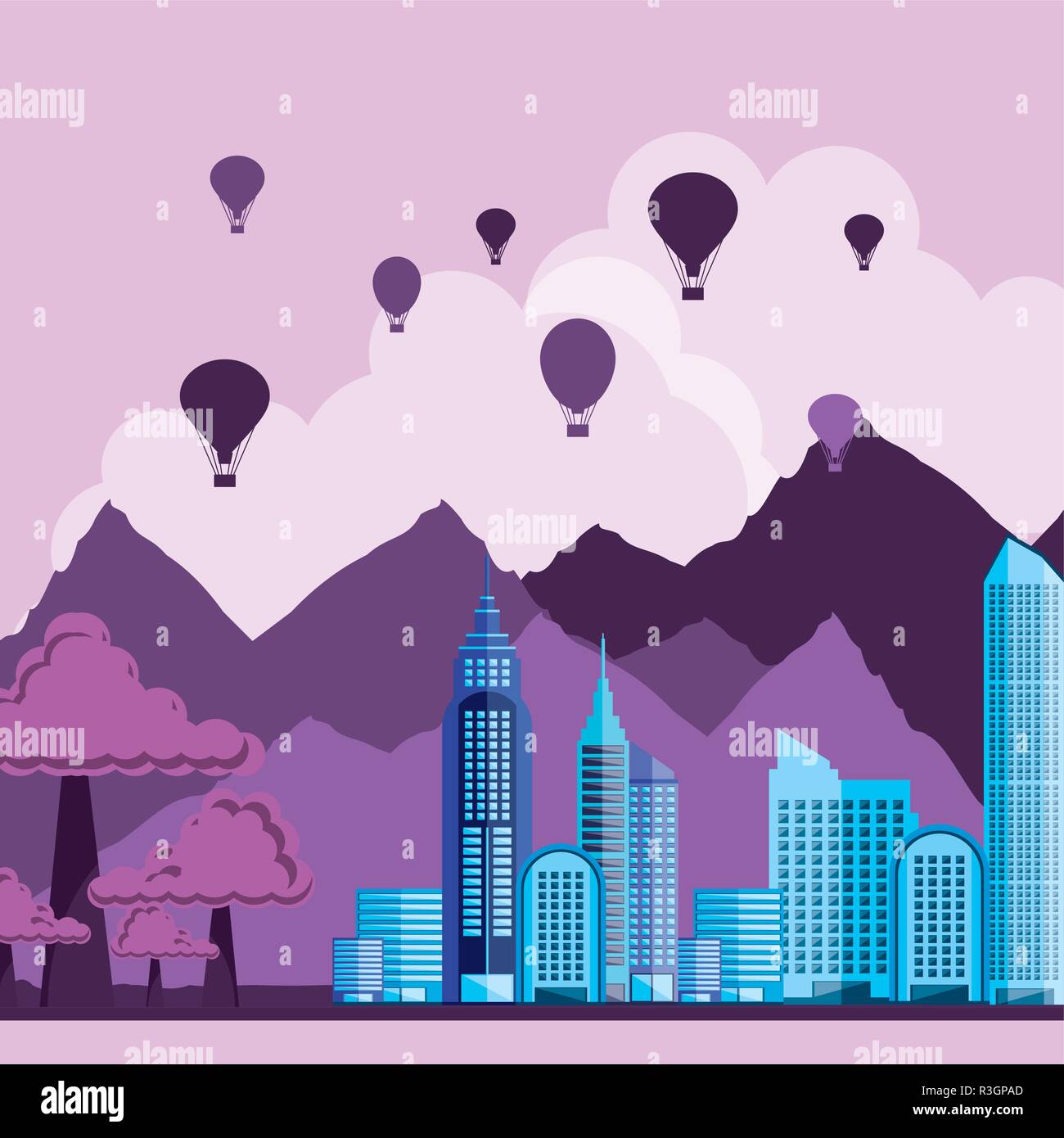 cityscape with buildings and balloons air hot flying vector ...