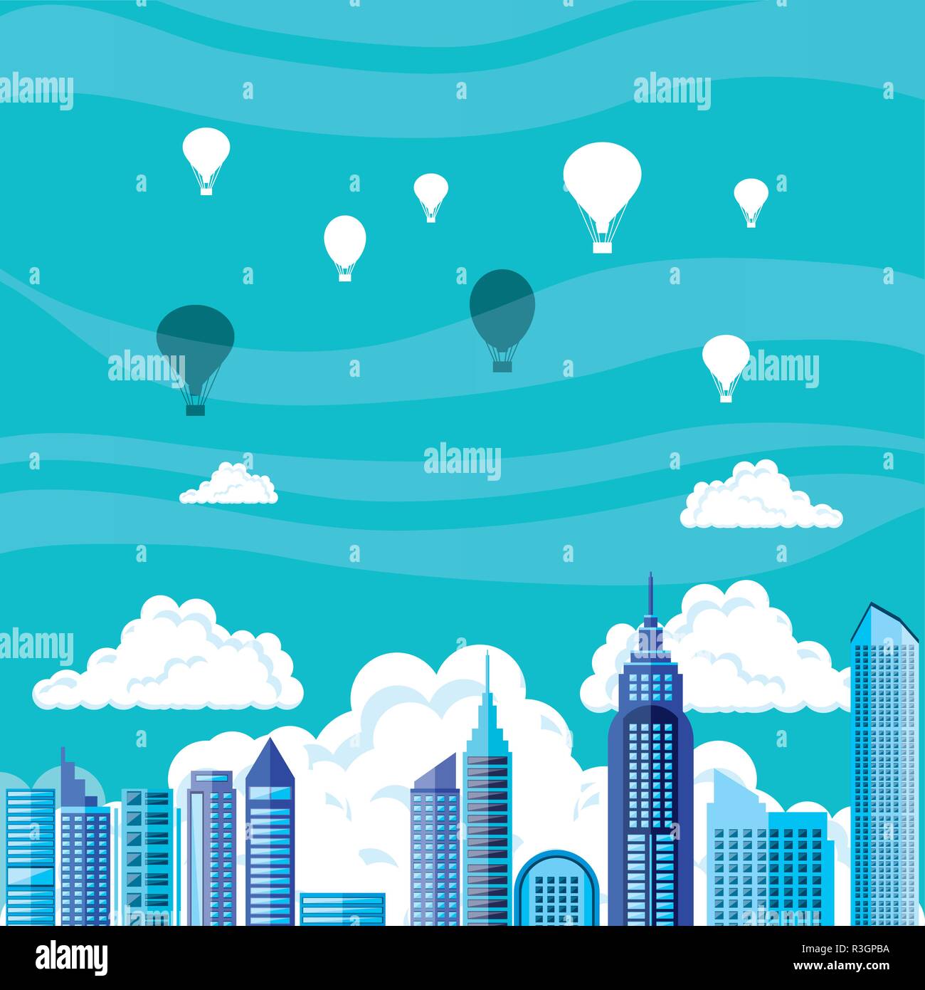cityscape with buildings and balloons air hot flying vector ...