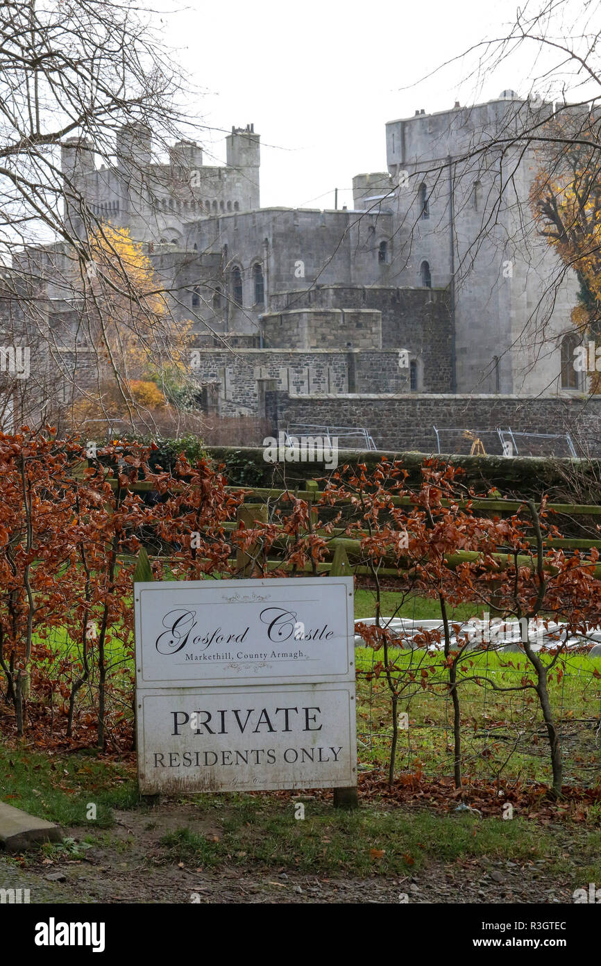 Sign for private castle - Gosford Castle, Gosford Forest Park, County Armagh, Northern Ireland. Stock Photo