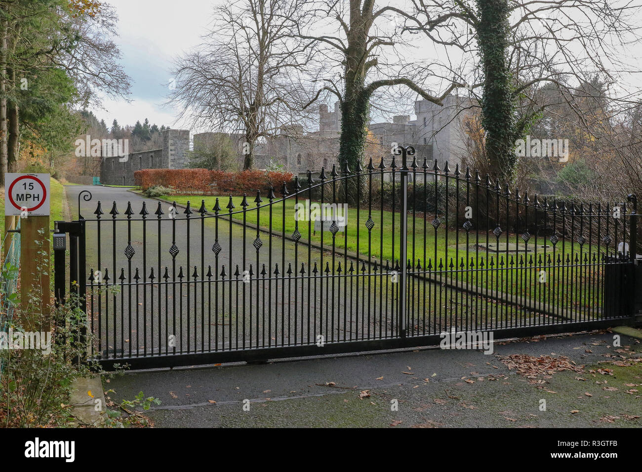 Gated entrance to a private castle - Gosford Castle, Markethill, County Armagh, Northern Ireland. Stock Photo