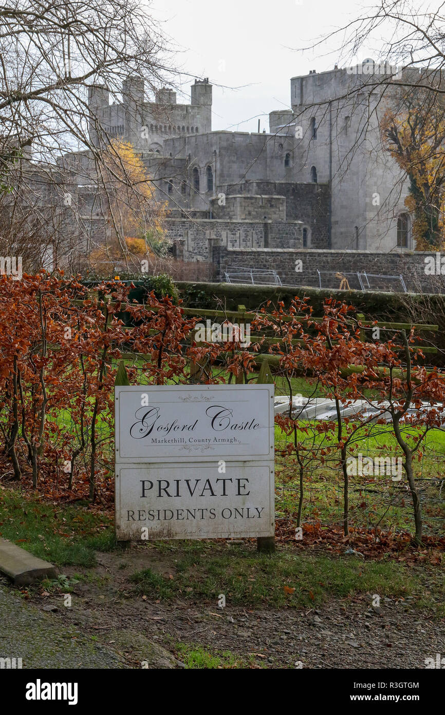 Private castle - sign at Gosford Castle, Gosford Forest Park, County Armagh, Northern Ireland. Stock Photo