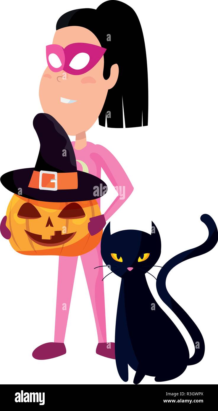 girl in halloween costume with cat and pumpkin vector illustration ...