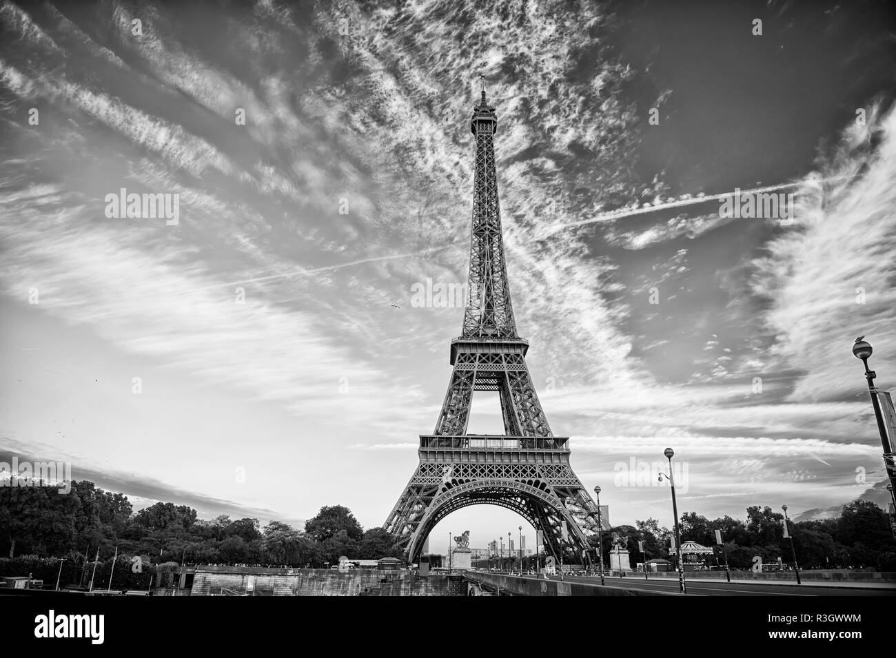 Eiffel Tower in Paris on beautiful autumn evening. Eifel tower is the symbol of Paris romantic and love Stock Photo