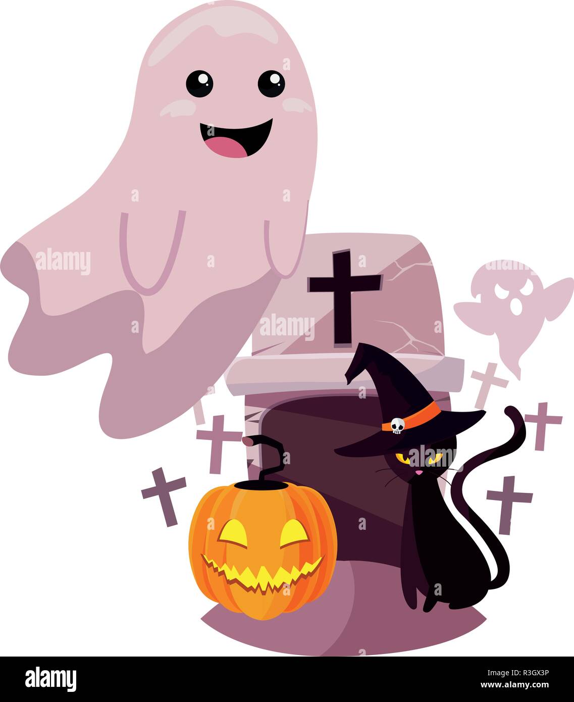 happy halloween ghost creepy pumpkin black cat cemetery vector ...
