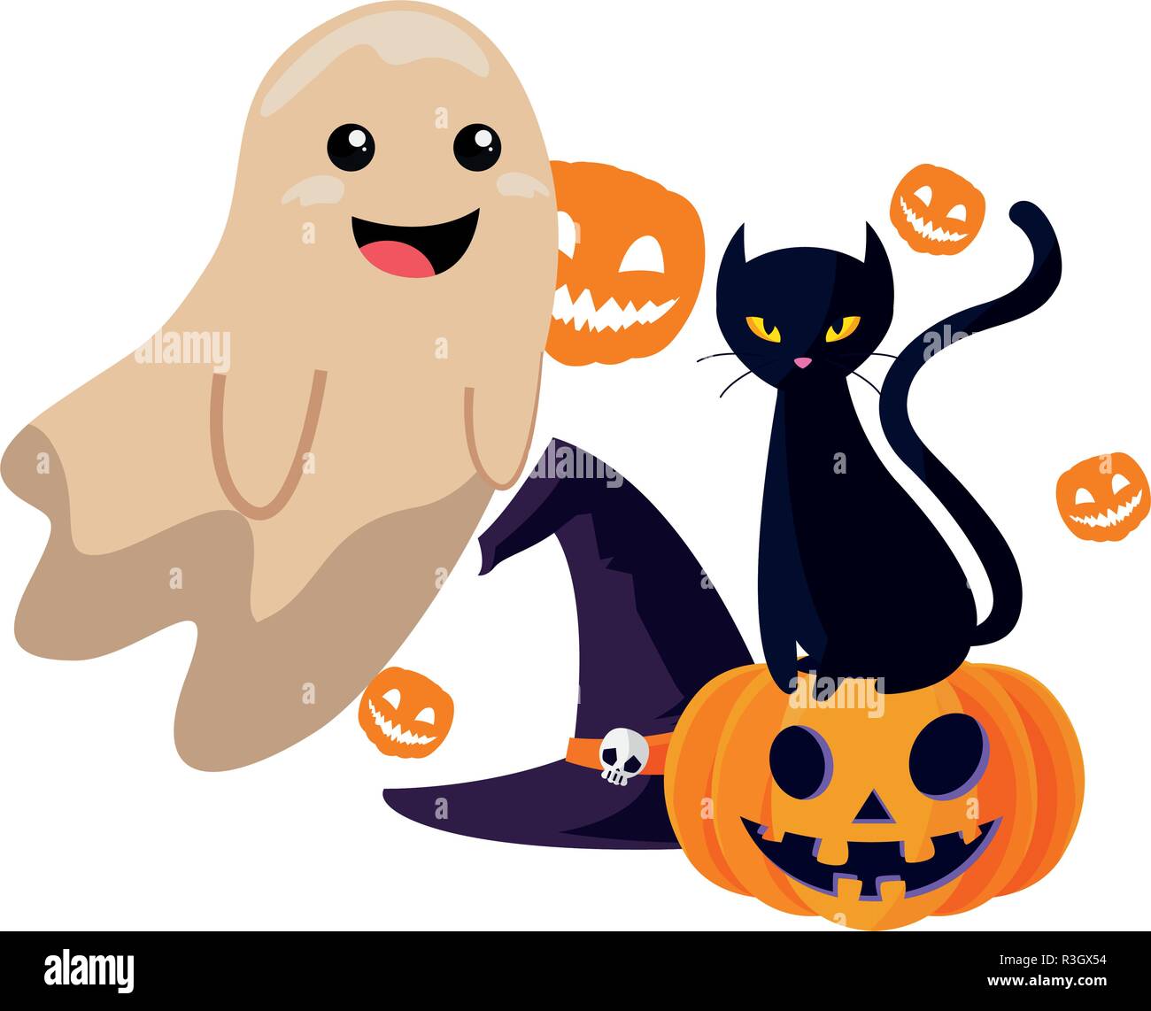 happy halloween ghost pumpkins cat vector illustration Stock Vector ...