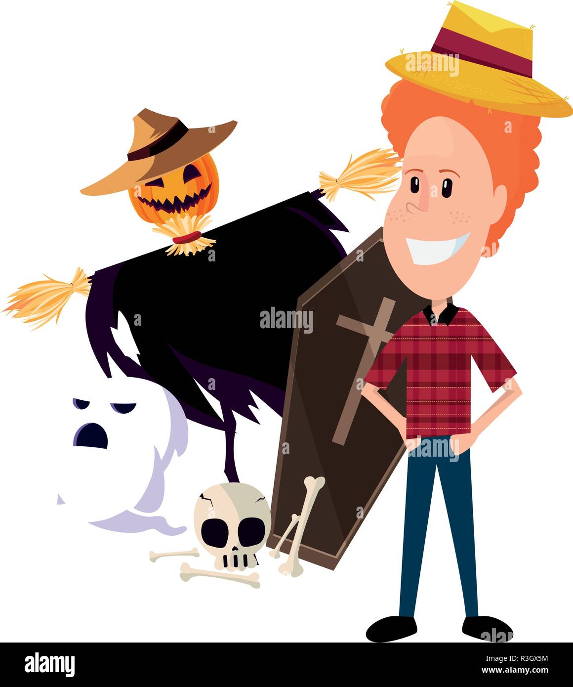 happy halloween scarecrow pumpkin farmer vector illustration Stock ...
