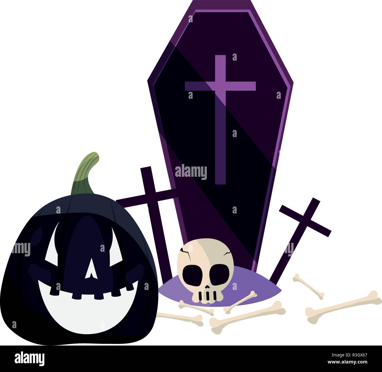 happy halloween black pumpkin coffin bones vector illustration Stock ...