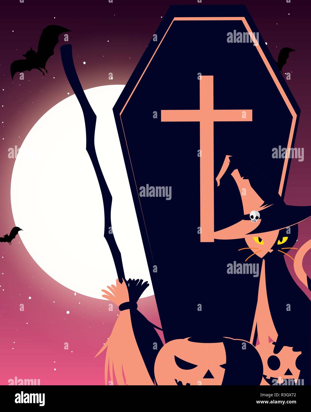 happy halloween coffin cemetery pumpkin skull back cat creepy vector ...