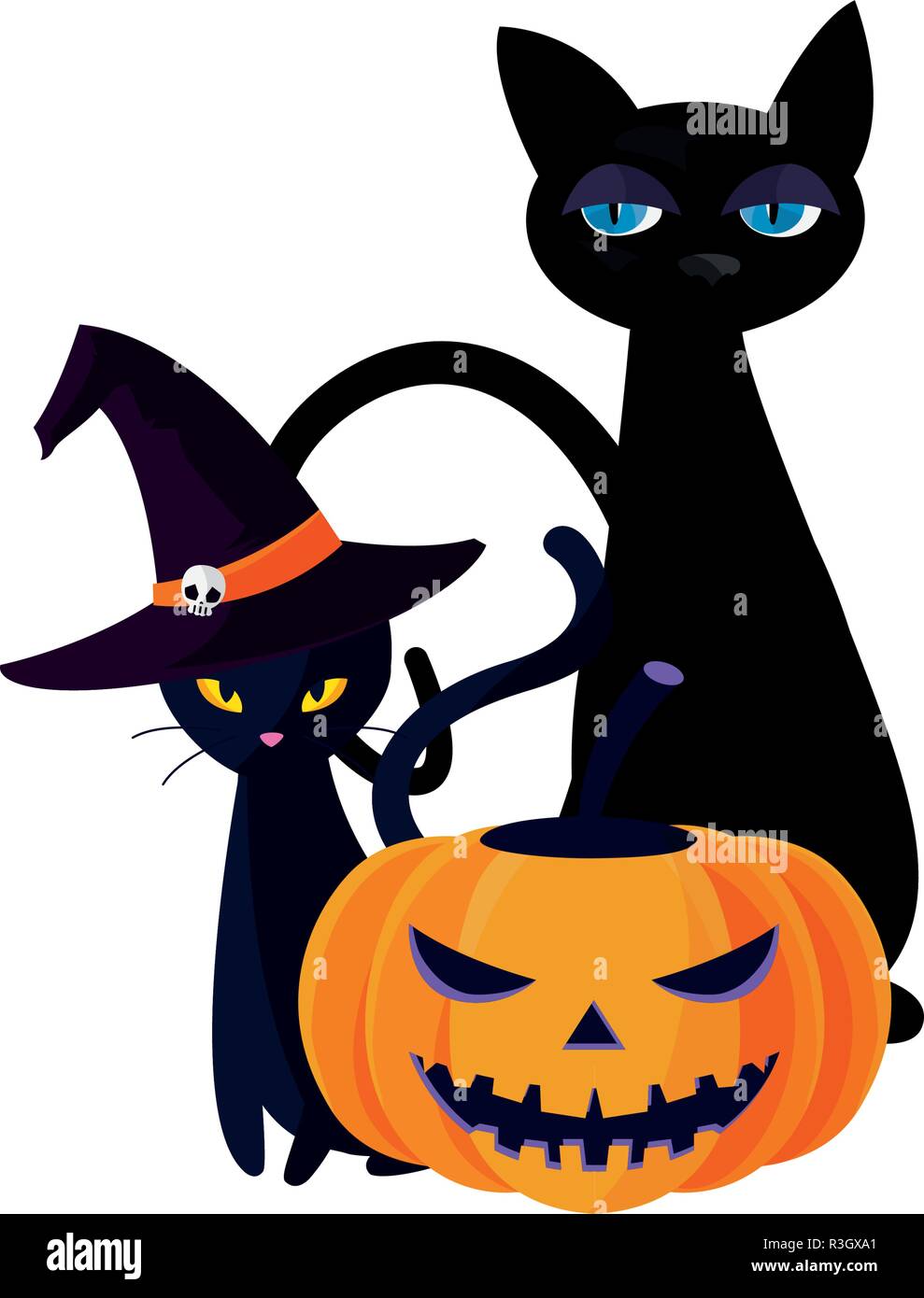 happy halloween pumpkin black cats hats vector illustration Stock ...