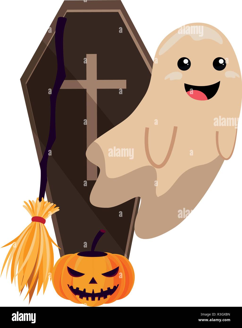 happy halloween ghost coffin pumpkin broom vector illustration Stock ...