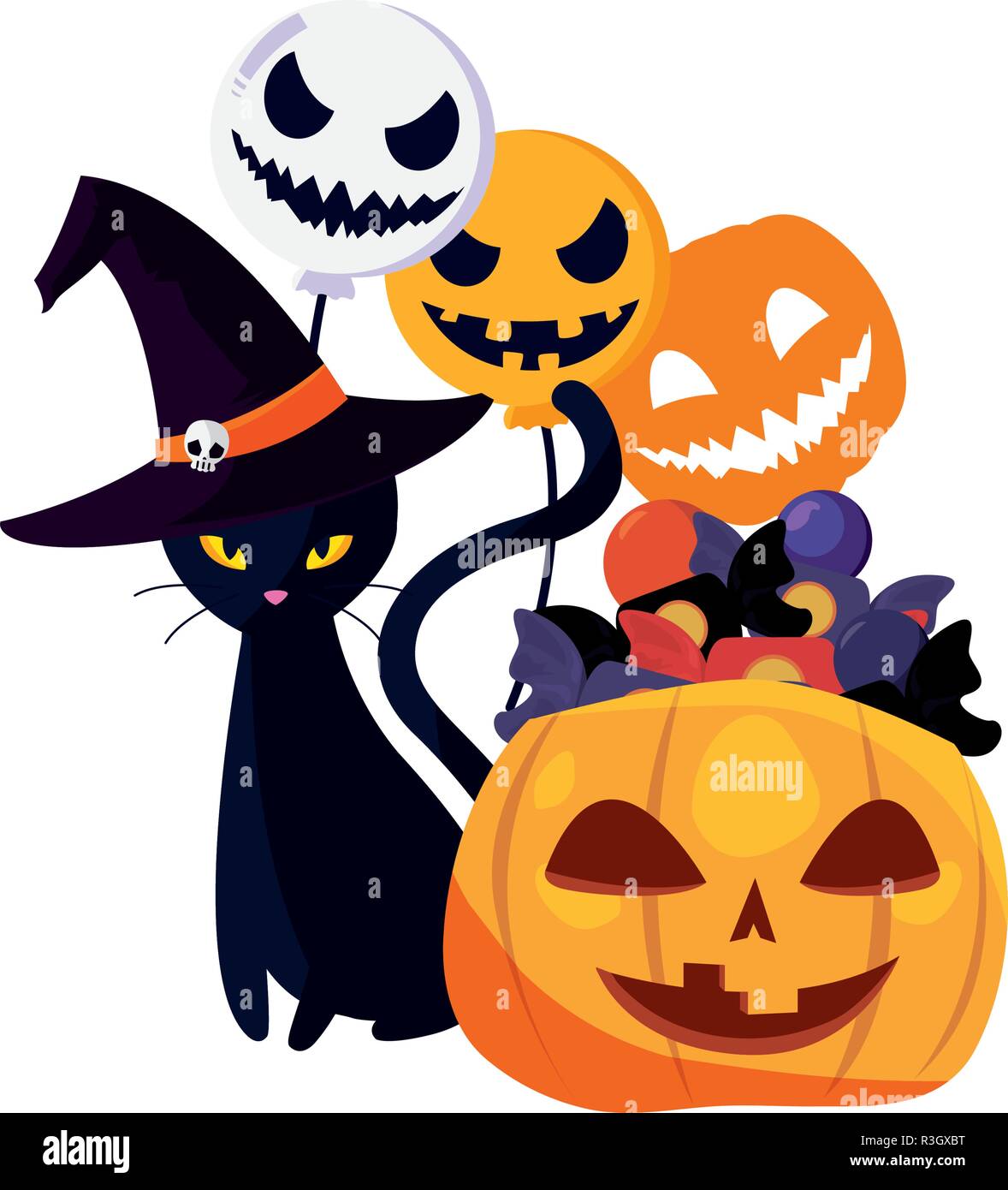 happy halloween creepys balloons pumpkin cat vector illustration Stock ...