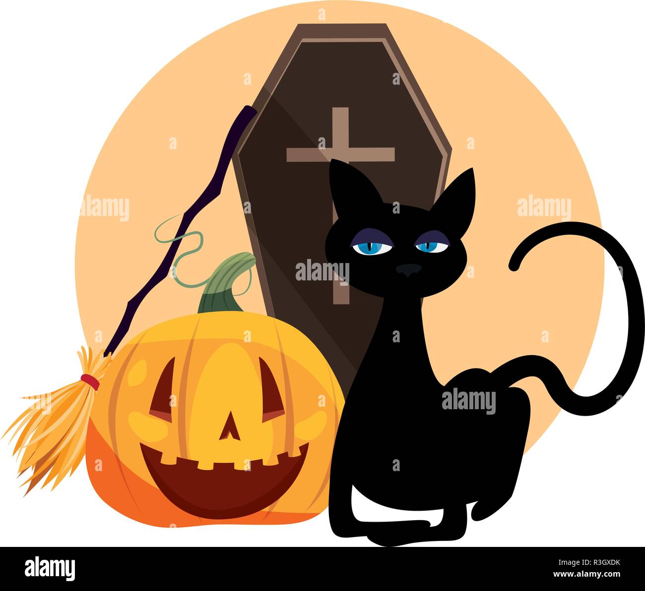 happy halloween sticker coffin cat broom pumpkin vector illustration ...